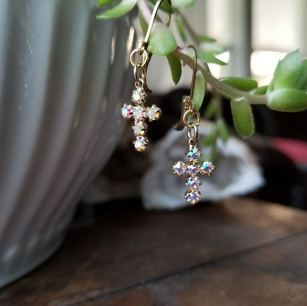 Tiny Iridescent Cross Earrings